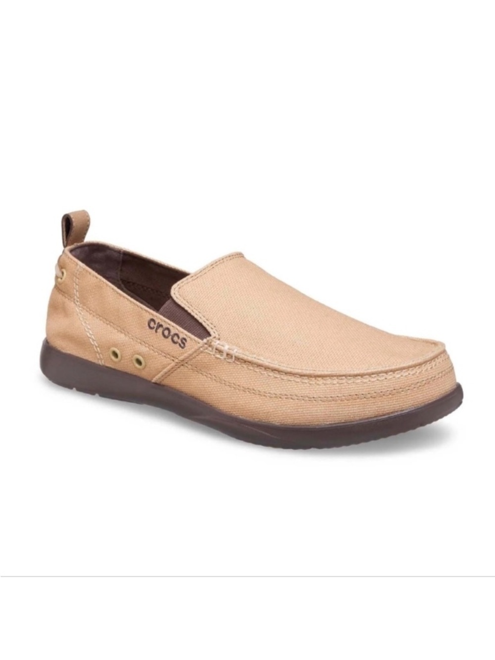 CROCS Walu Men’s Beige Canvas Slip-On Loafer Shoes with Dark Brown Sole Size 13